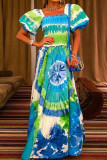 Бирюзовые элегантные платья трапециевидной формы с квадратным воротником в стиле пэчворк и принтом