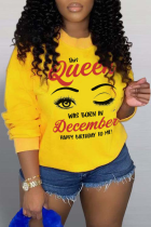 Yellow Casual Street Eyes Printed Patchwork Letter O Neck Tops