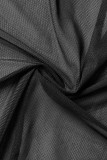 Nero sexy solido patchwork fibbia trasparente colletto turndown manica lunga due pezzi