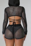 Black Sexy Patchwork Hot Drilling Frenulum See-through O Neck Long Sleeve Two Pieces