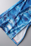 Azul casual impressão patchwork rasgado cintura alta reta impressão completa