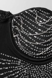 Vestidos de manga larga con cuello en V transparente con perforación en caliente de patchwork sexy negro