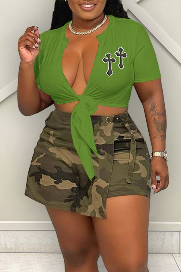 Grüne Sexy Street Solid Bestickte Bandage Patchwork T-Shirts mit V-Ausschnitt