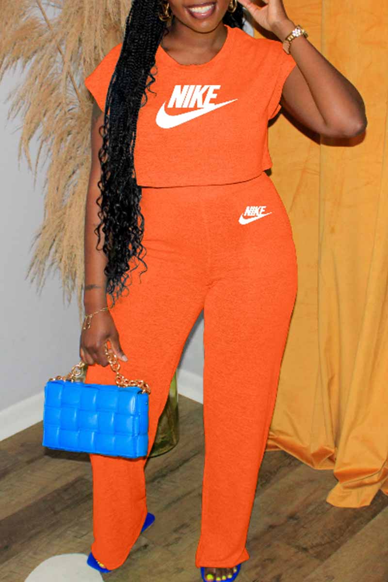 

Orange Casual Print Letter O Neck Short Sleeve Two Pieces