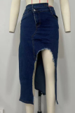 Pantalones pitillo de cintura alta con abertura alta y patchwork sexy azul claro