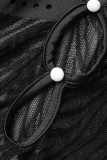 Pagliaccetti skinny con colletto obliquo in perle trasparenti patchwork solido nero sexy scavato