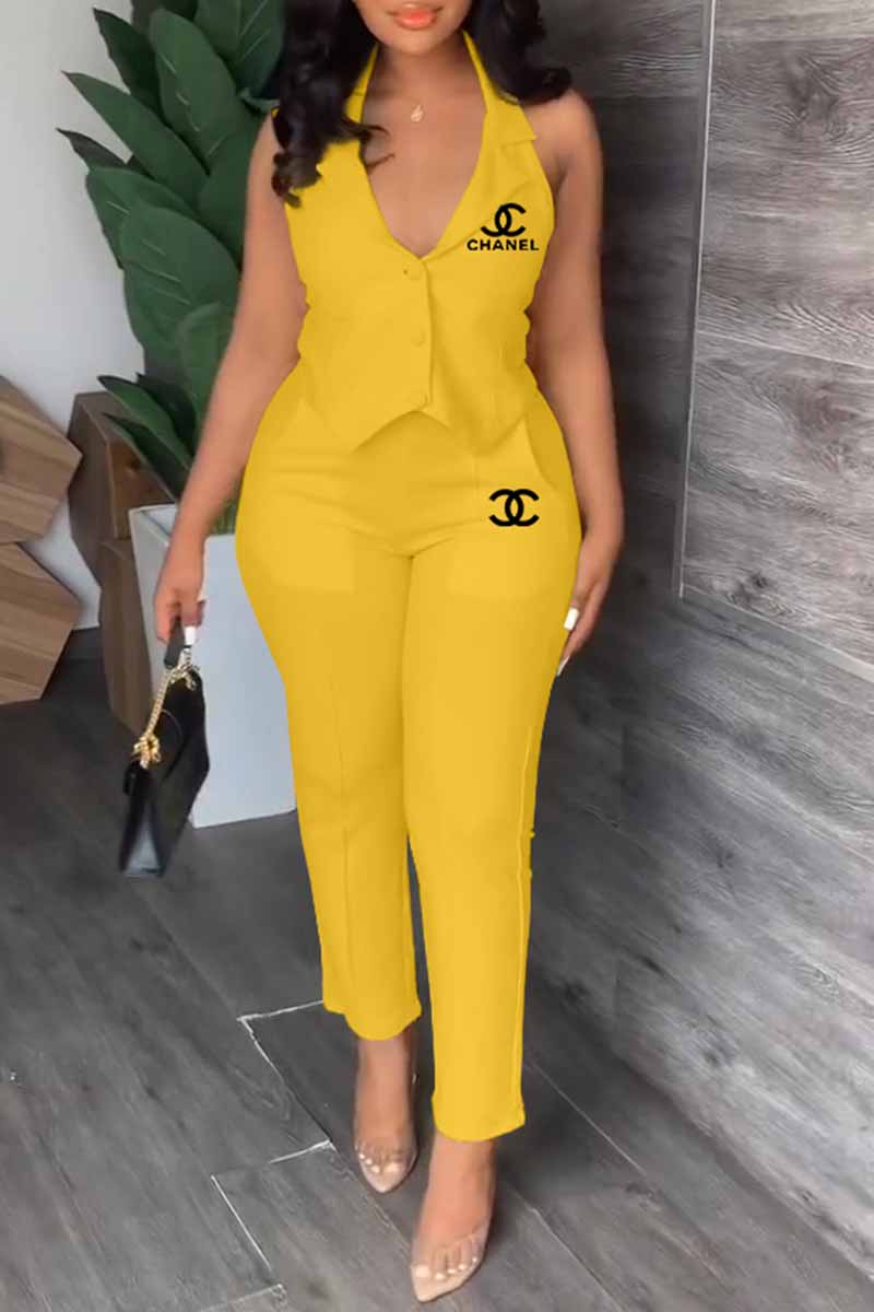 

Yellow Sexy Work Print Backless Letter V Neck Sleeveless Two Pieces