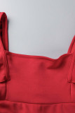 Vestidos de falda de un paso con cuello cuadrado y pliegues de retazos sólidos de trabajo casual rojo