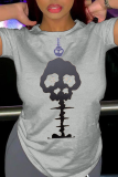 Marineblauwe Casual Street Skull Patchwork T-shirts met O-hals