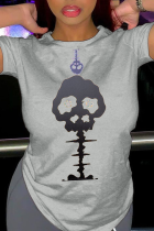 Grå Casual Street Skull Patchwork O-hals T-shirts