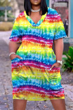 Purple Casual Rainbow Print Patchwork V Neck Short Sleeve T-shirt Loose Dress