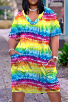 Yellow Casual Rainbow Print Patchwork V Neck Short Sleeve T-shirt Loose Dress