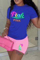 Pink Casual Print Letter O Neck Short Sleeve Two Pieces