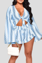 Baby Blue Casual Striped Print Bandage Patchwork V Neck Long Sleeve Two Pieces
