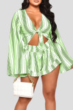 Green Casual Striped Print Bandage Patchwork V Neck Long Sleeve Two Pieces