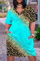 Повседневное платье с леопардовым принтом в стиле пэчворк с V-образным вырезом и короткими рукавами