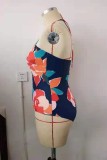 Multicolor Sexy Print Bandage Hollowed Out Backless Halter Plus Size Swimwear (With Paddings)