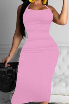 Розовая сексуальная сплошная лоскутная юбка-карандаш на тонких бретельках Платья больших размеров