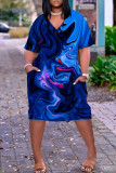 Donkerblauwe casual print patchwork jurk met V-hals en korte mouwen