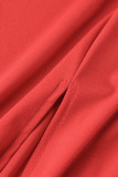 Bandagem com estampa casual vermelha patchwork fenda no pescoço manga curta duas peças