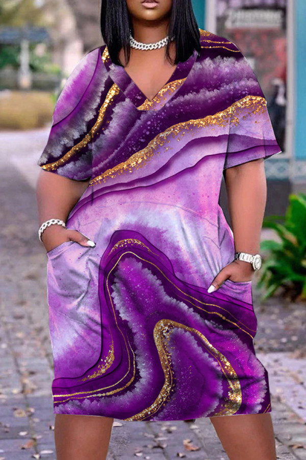 Purple Casual Rainbow Print Patchwork V Neck Short Sleeve T-shirt Loose Dress