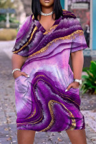 Robe violette décontractée à imprimé patchwork et col en V à manches courtes