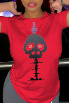 T-shirts à col rond en patchwork de crâne de rue décontractés rouges