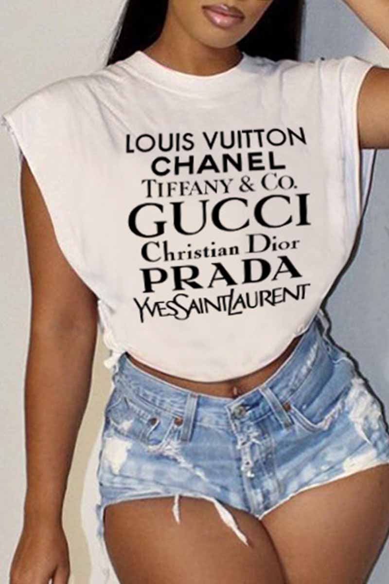 

White Casual Street Print Letter O Neck T-Shirts