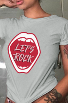 T-shirt con collo a lettera O patchwork stampate labbra casual quotidiane grigie