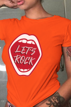 Orange lässige tägliche Lippen bedruckte Patchwork-T-Shirts mit O-Ausschnitt