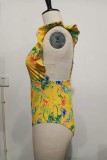 Costumi da bagno taglie forti con scollo a V senza schienale patchwork con stampa sexy gialla (con imbottiture)