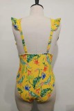 Yellow Sexy Print Patchwork Backless V Neck Plus Size Swimwear (With Paddings)