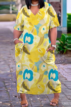 Желтое повседневное базовое платье с коротким рукавом и V-образным вырезом с принтом