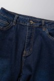 Синие повседневные однотонные джинсы скинни с высокой талией в технике пэчворк