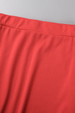 Bandagem com estampa casual vermelha patchwork fenda no pescoço manga curta duas peças