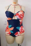Multicolor Sexy Print Bandage Hollowed Out Backless Halter Plus Size Swimwear (With Paddings)
