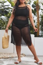 Black Sexy Solid See-through Spaghetti Strap Plus Size Swimsuit Three Piece Set (With Paddings)