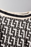 Black And White Casual Print Patchwork Slit Oblique Collar Short Sleeve Two Pieces
