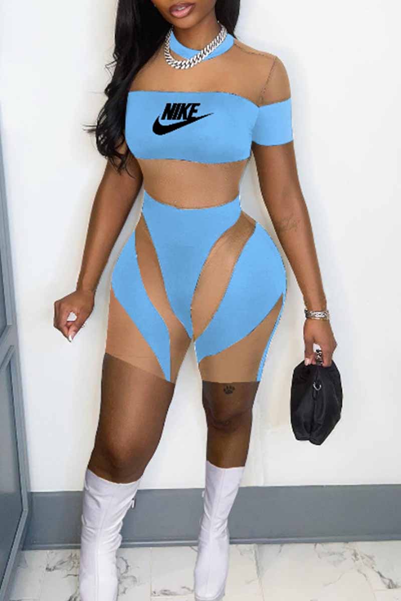 

Sky Blue Sexy Print Patchwork Letter O Neck Jumpsuits