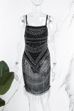 ブラック セクシー ソリッド パッチワーク シースルー ホット ドリル スパゲッティ ストラップ スリング ドレス ドレス