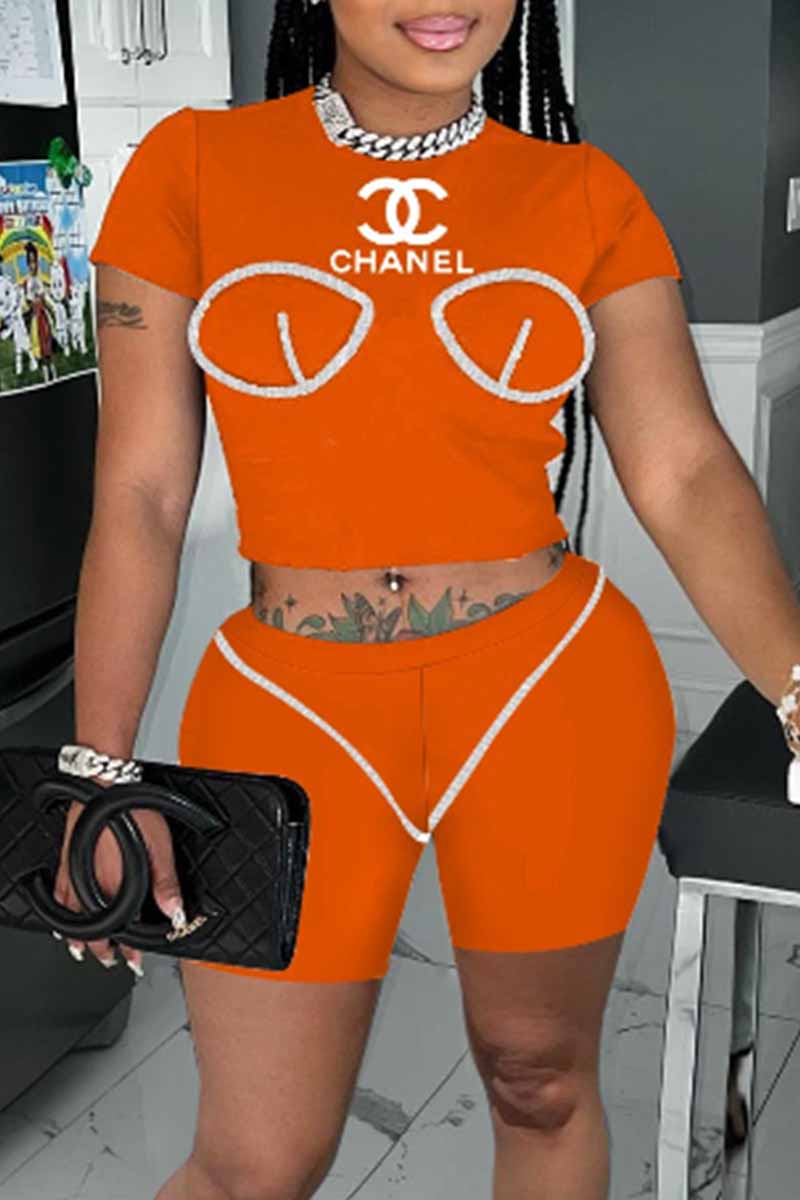 

Tangerine Red Casual Street Print Letter O Neck Short Sleeve Two Pieces