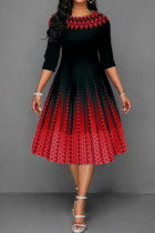 Rode casual print patchwork O-hals A-lijn jurken
