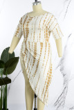 Gelbes, lässig bedrucktes Bandage-O-Ausschnitt, unregelmäßiges Kleid in Übergröße