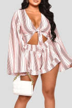 Rose Casual Striped Print Bandage Patchwork V Neck Long Sleeve Two Pieces