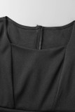 ブラック カジュアル ワーク ソリッド パッチワーク スクエア カラー ワンステップ スカート ドレス