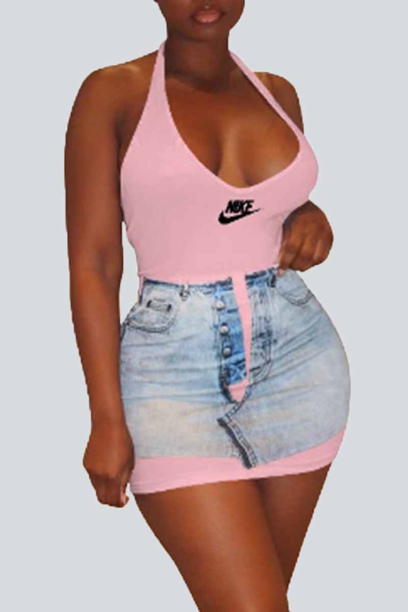 

Pink Sexy Print Patchwork Backless U Neck One Step Skirt Dresses