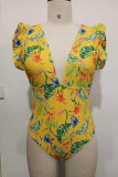 Yellow Sexy Print Patchwork Backless V Neck Plus Size Swimwear (With Paddings)