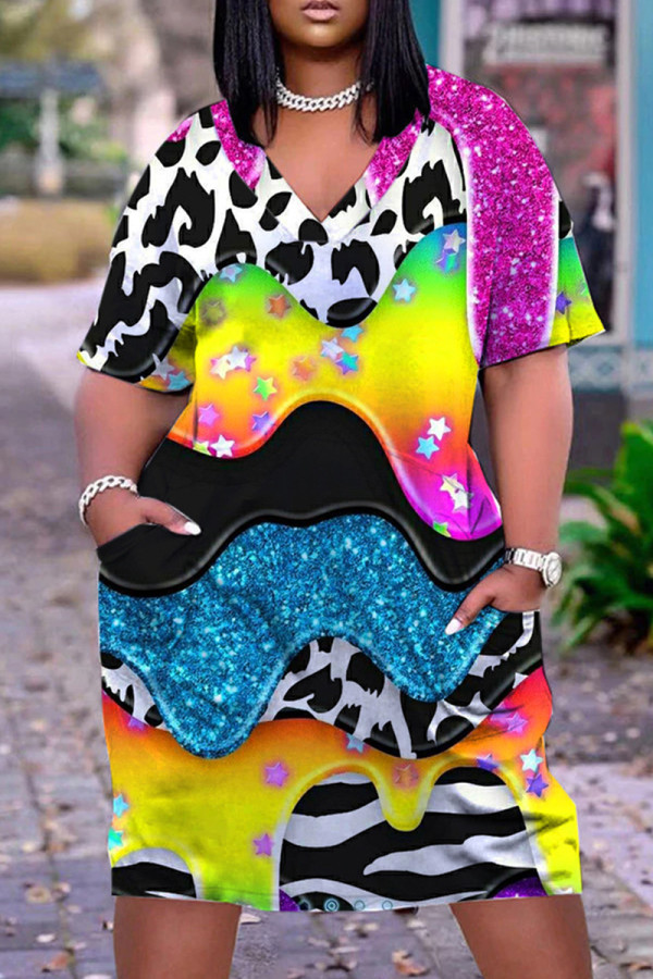 Kleur casual print patchwork jurk met V-hals en korte mouwen