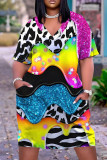 Повседневное платье с леопардовым принтом в стиле пэчворк с V-образным вырезом и короткими рукавами