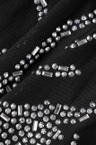 Macacão skinny preto sexy patchwork com furos transparentes no decote